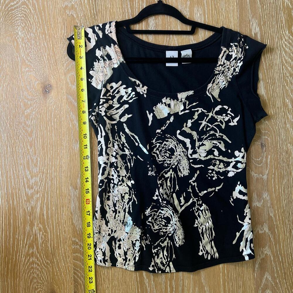 Armani Exchange Black Cotton T-shirt. Silver and Gold Design, Medium